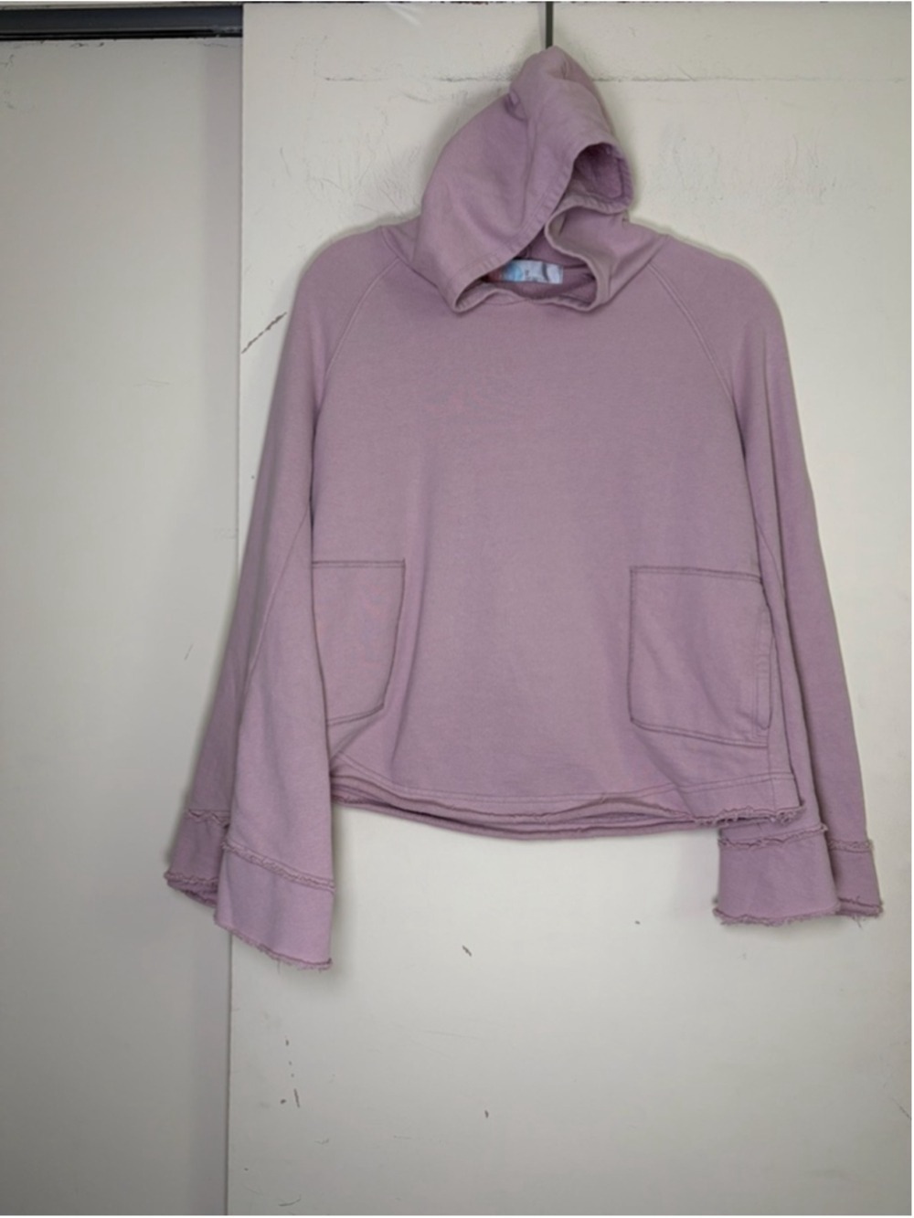 Free People Beach Lavender Bell Sleeve Cropped Hoodie Raw Hem XS Pockets Slouchy